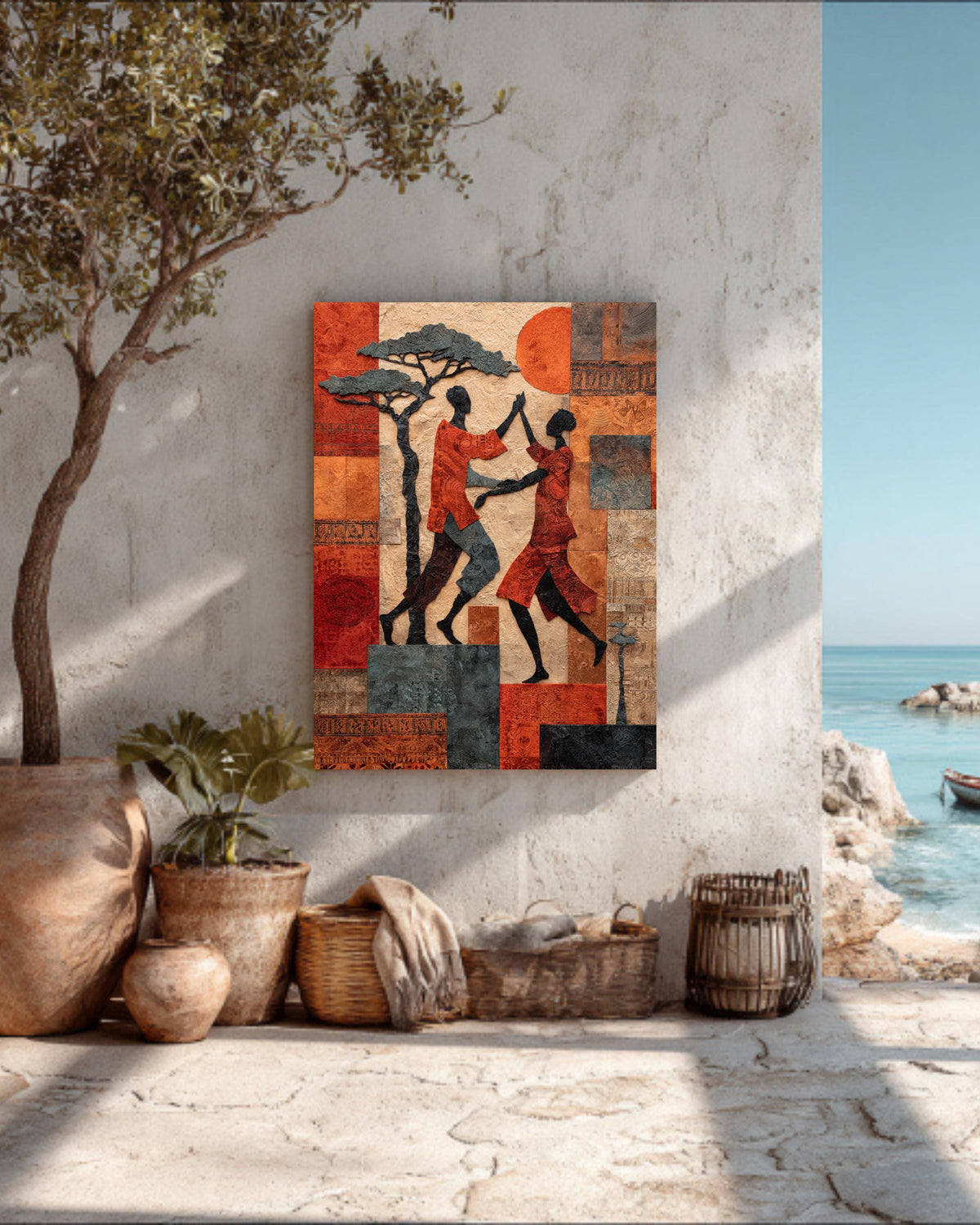 Vibrant African Tribal Pattern Wall Art | Abstract Acacia Trees and Water Well Motifs in Earthy Tones | Cultural Ethnic Design Poster Canvas