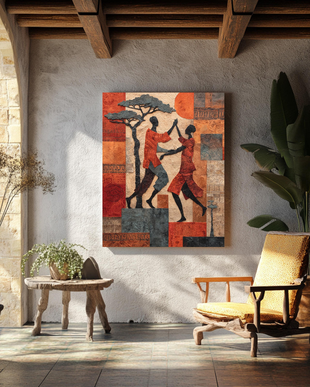Vibrant African Tribal Pattern Wall Art | Abstract Acacia Trees and Water Well Motifs in Earthy Tones | Cultural Ethnic Design Poster Canvas