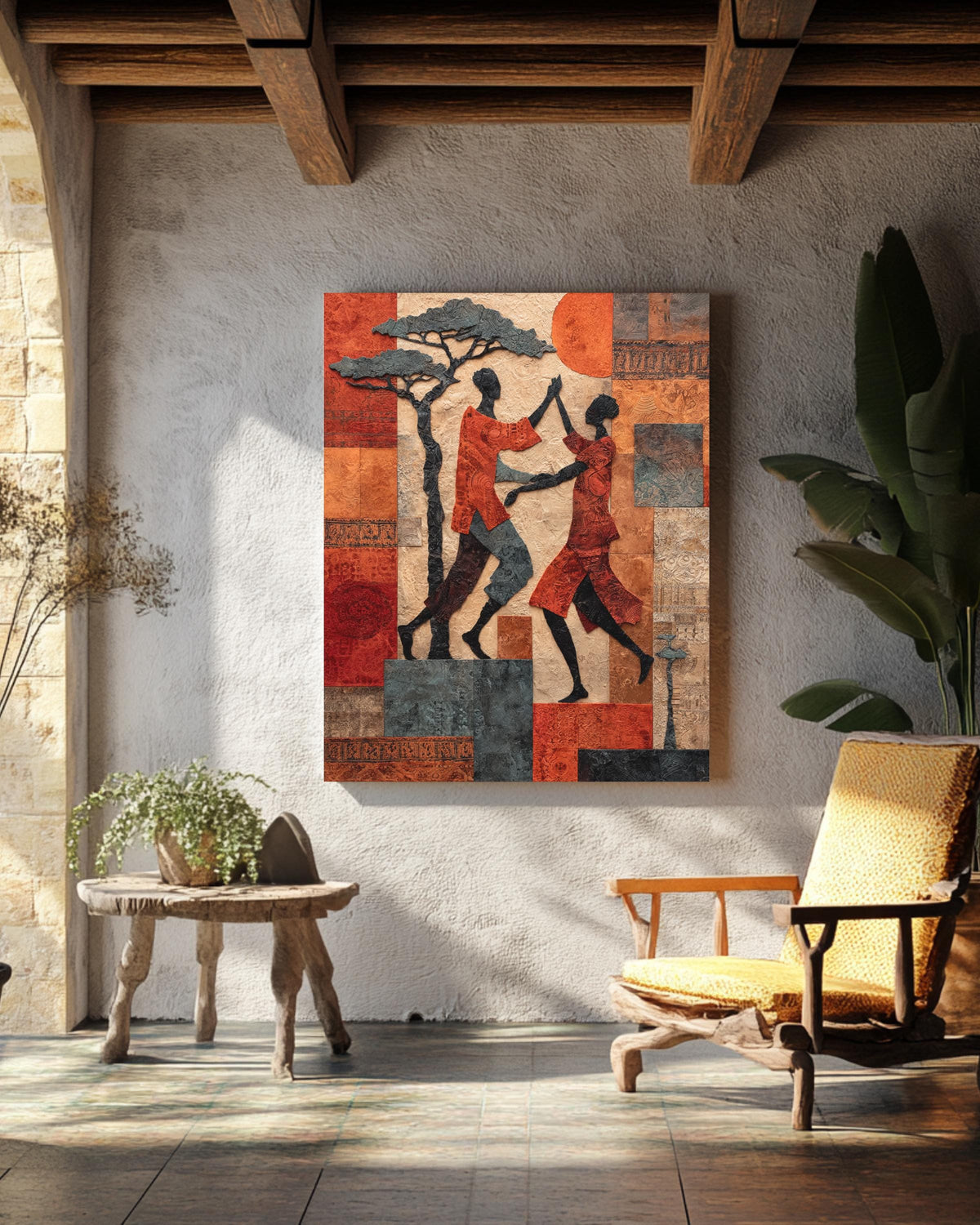 Vibrant African Tribal Pattern Wall Art | Abstract Acacia Trees and Water Well Motifs in Earthy Tones | Cultural Ethnic Design Poster Canvas