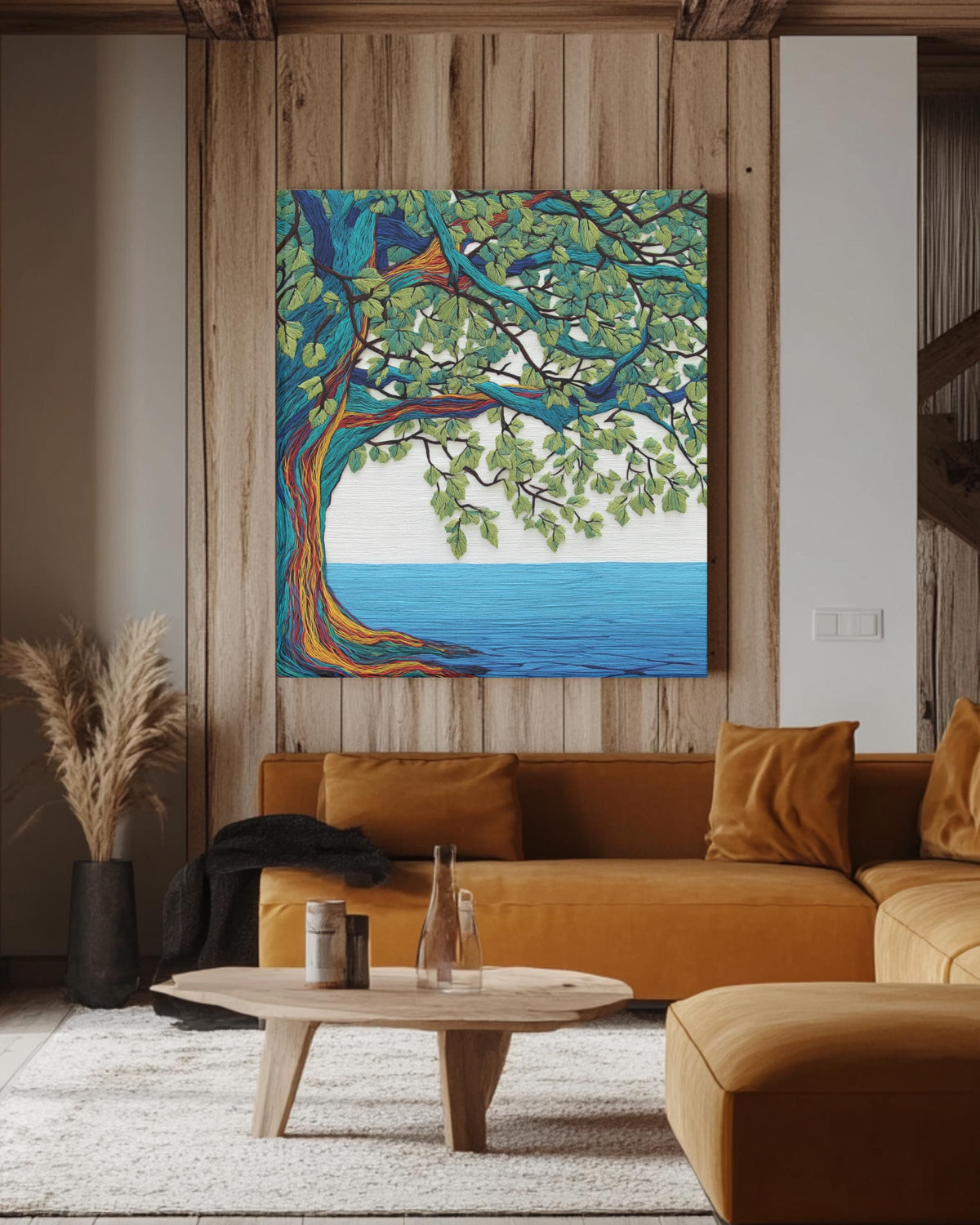 Colorful Oak Tree Wall Art | Embroidered Style Nature Painting with Flowing Lines, Green Leaves & Blue Water Background