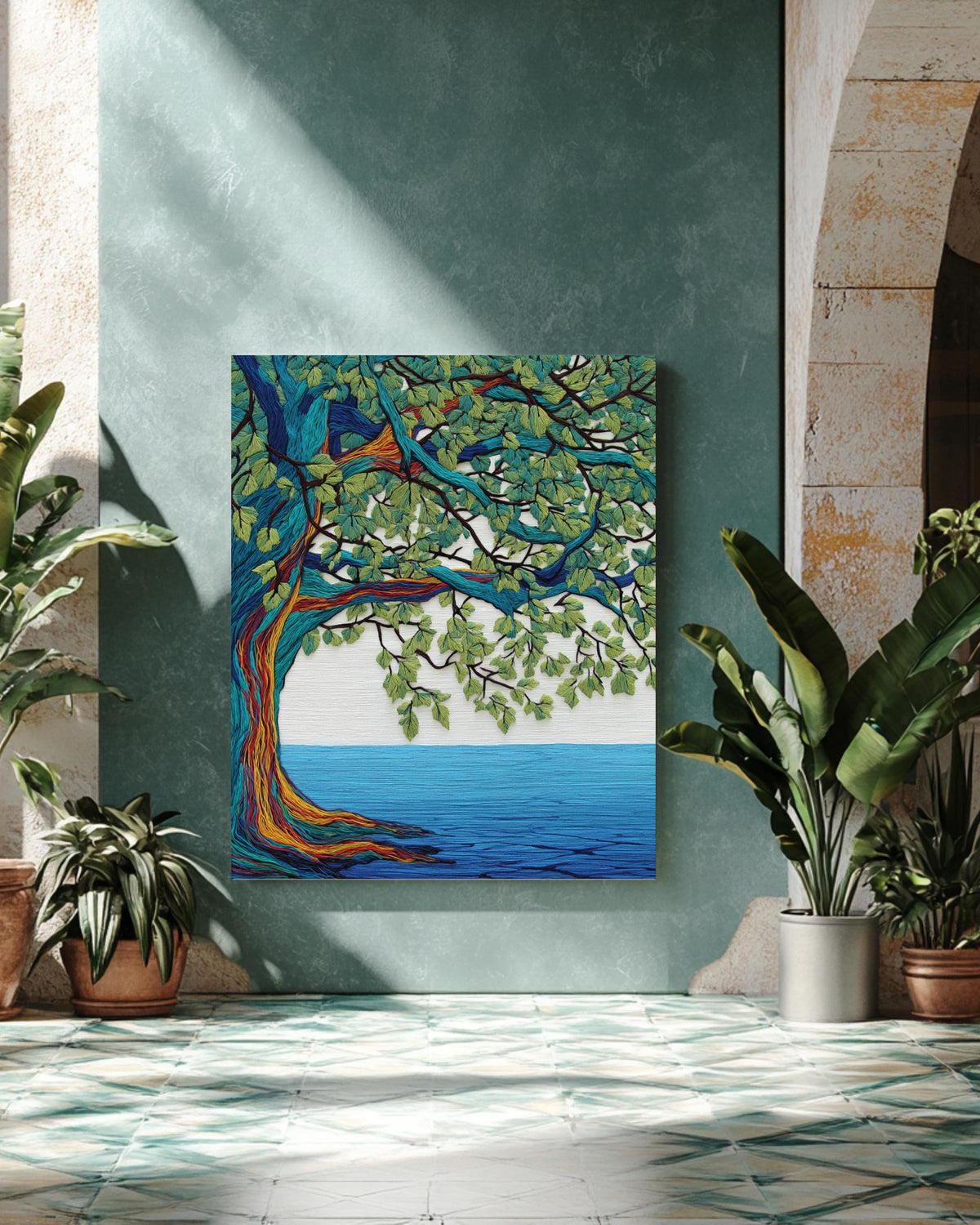 Colorful Oak Tree Wall Art | Embroidered Style Nature Painting with Flowing Lines, Green Leaves & Blue Water Background