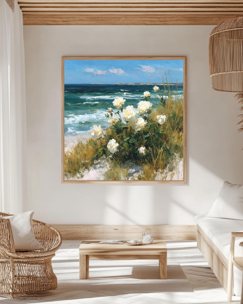 White Roses by the Sea Oil Painting | Vintage Coastal Floral Art with Ocean Waves & Sand Dunes | Romantic White Flower Beach Poster