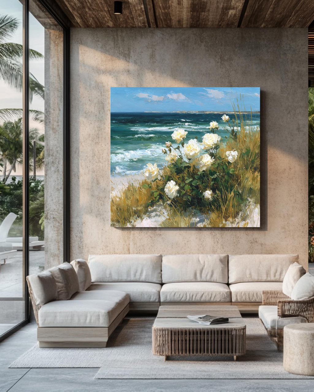 White Roses by the Sea Oil Painting | Vintage Coastal Floral Art with Ocean Waves & Sand Dunes | Romantic White Flower Beach Poster