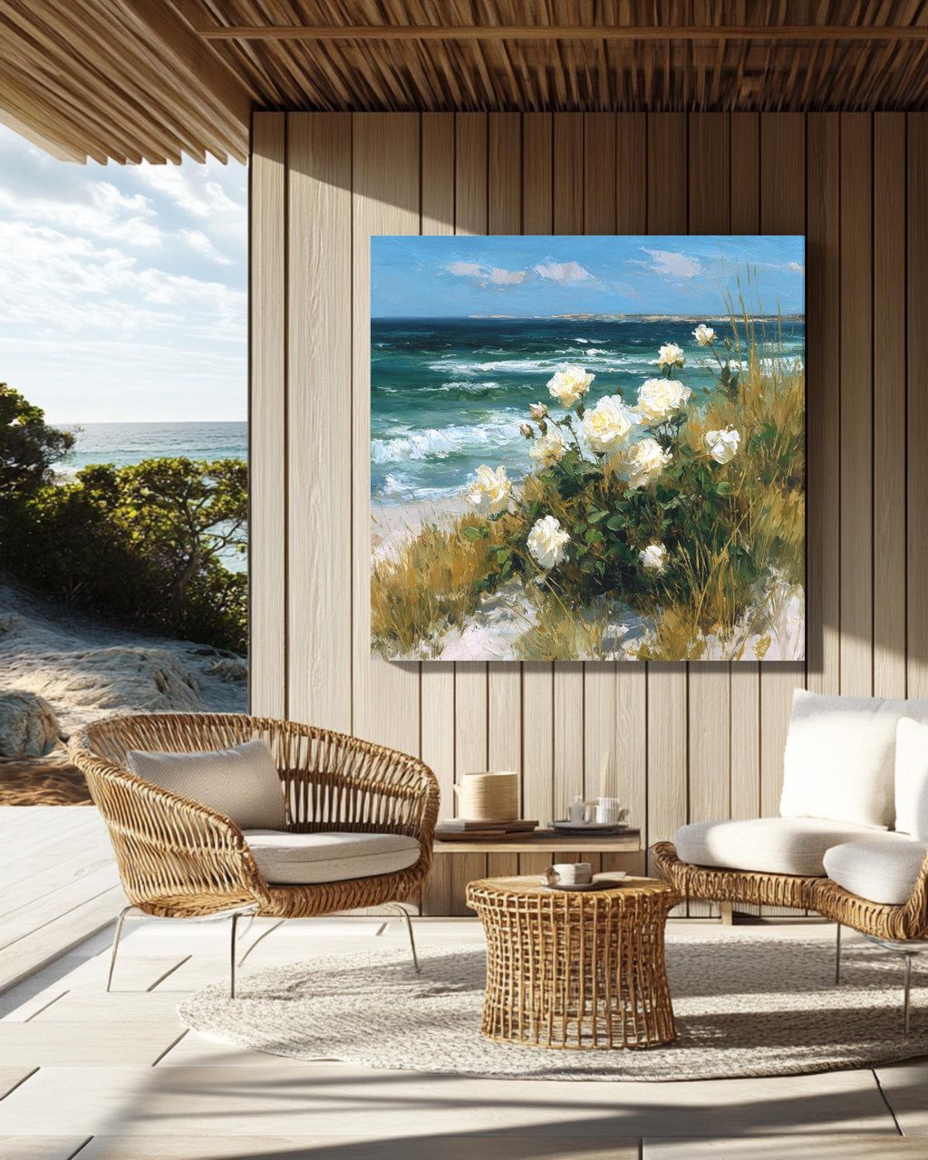 White Roses by the Sea Oil Painting | Vintage Coastal Floral Art with Ocean Waves & Sand Dunes | Romantic White Flower Beach Poster