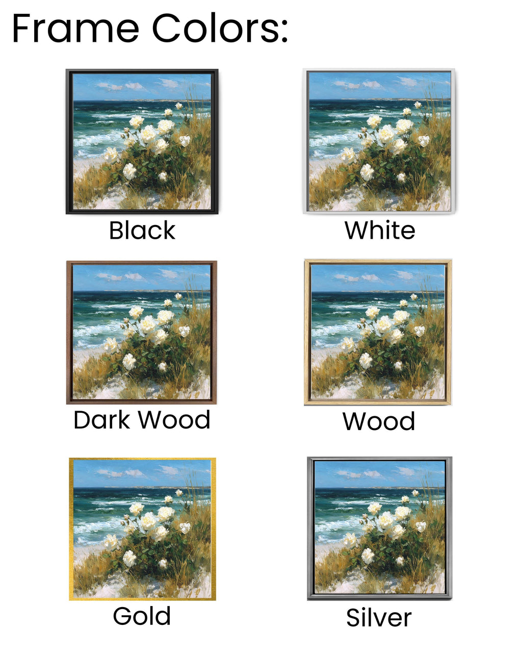 White Roses by the Sea Oil Painting | Vintage Coastal Floral Art with Ocean Waves & Sand Dunes | Romantic White Flower Beach Poster
