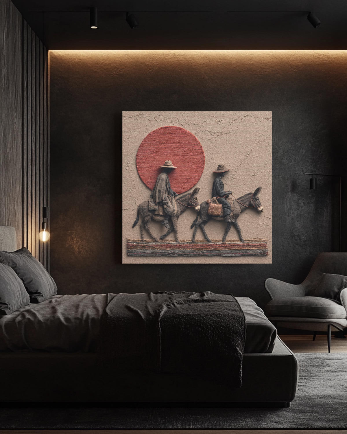 African Men on Donkeys Realism Art Print, Red Sun Desert Scene Poster, Dark Grey and Gold Textured Fabric Style Canvas