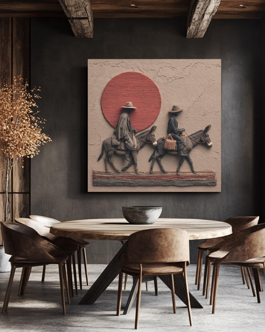 African Men on Donkeys Realism Art Print, Red Sun Desert Scene Poster, Dark Grey and Gold Textured Fabric Style Canvas
