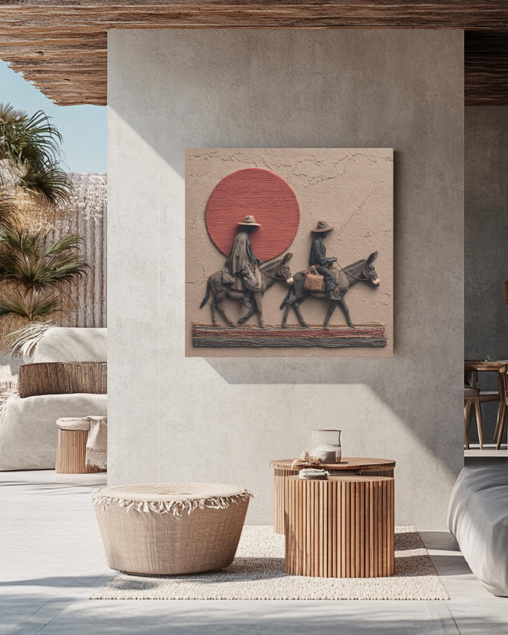 African Men on Donkeys Realism Art Print, Red Sun Desert Scene Poster, Dark Grey and Gold Textured Fabric Style Canvas