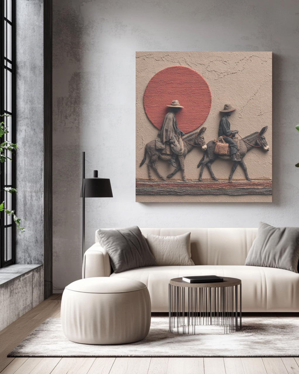 African Men on Donkeys Realism Art Print, Red Sun Desert Scene Poster, Dark Grey and Gold Textured Fabric Style Canvas