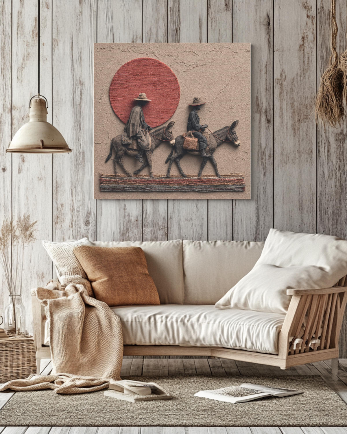 African Men on Donkeys Realism Art Print, Red Sun Desert Scene Poster, Dark Grey and Gold Textured Fabric Style Canvas