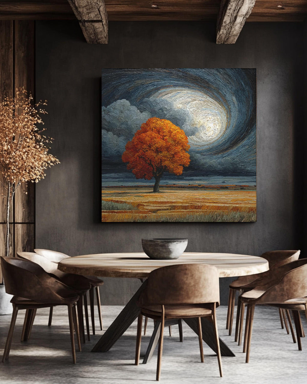 Autumn Tree in Field under Dark Cloudy Sky Art Print, Spiral Sky Oil Painting Poster, Edgar Maxence & Emil Melmoth Inspired Canvas