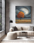 Autumn Tree in Field under Dark Cloudy Sky Art Print, Spiral Sky Oil Painting Poster, Edgar Maxence & Emil Melmoth Inspired Canvas