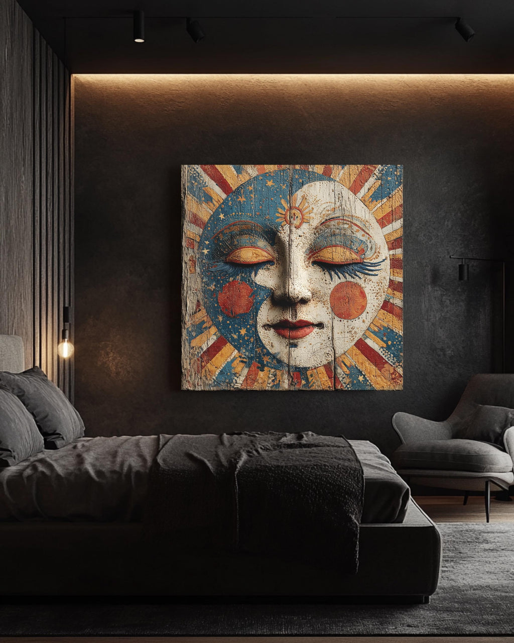 Victorian Circus Moon Face Art Print, Starry Sky and Sun Rays Painting on Wood Poster, Maximalist Celestial Canvas