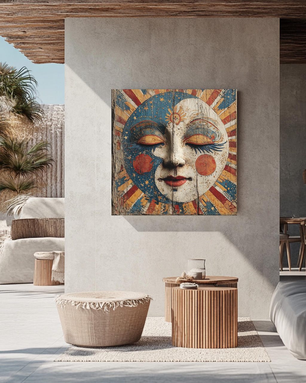 Victorian Circus Moon Face Art Print, Starry Sky and Sun Rays Painting on Wood Poster, Maximalist Celestial Canvas