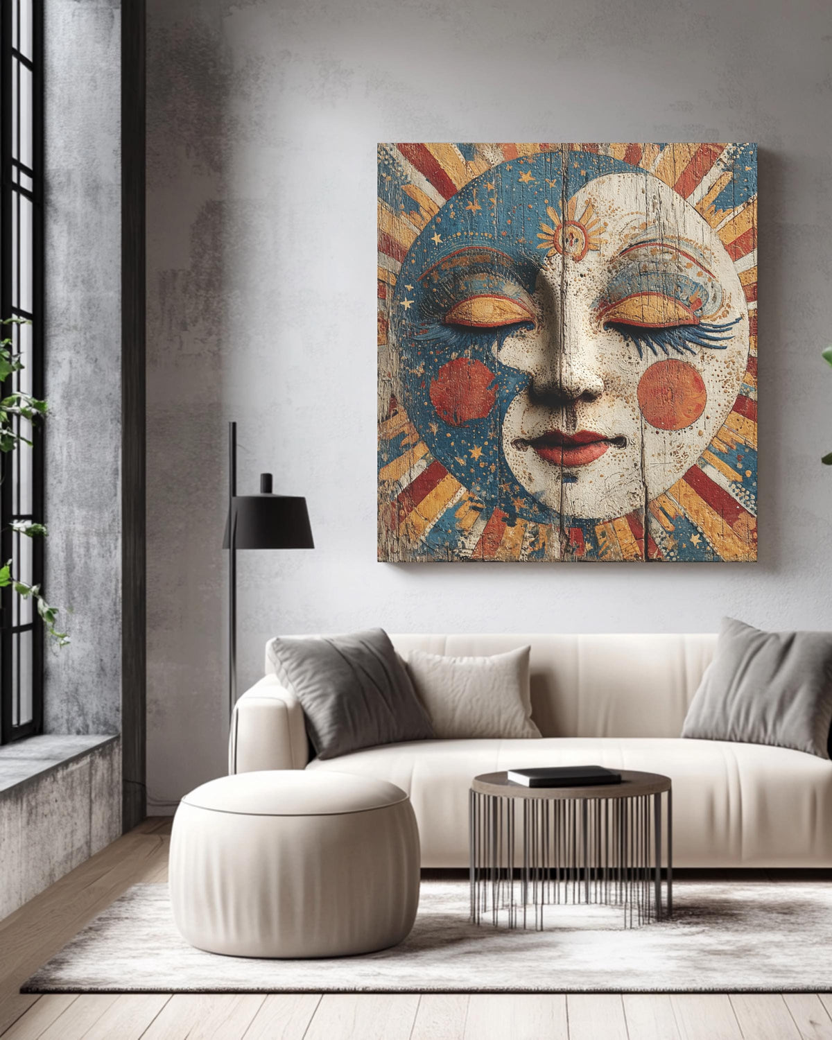 Victorian Circus Moon Face Art Print, Starry Sky and Sun Rays Painting on Wood Poster, Maximalist Celestial Canvas