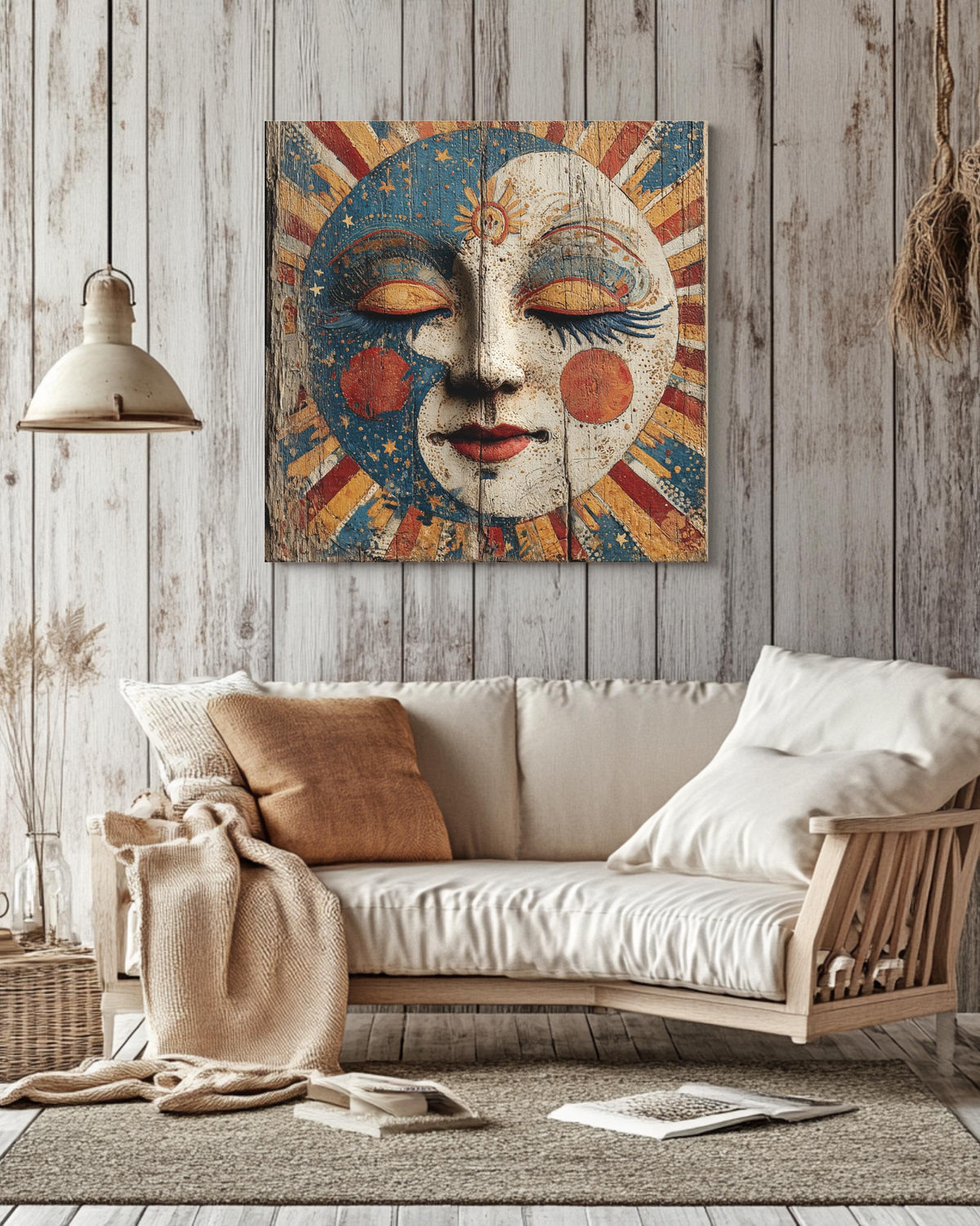 Victorian Circus Moon Face Art Print, Starry Sky and Sun Rays Painting on Wood Poster, Maximalist Celestial Canvas