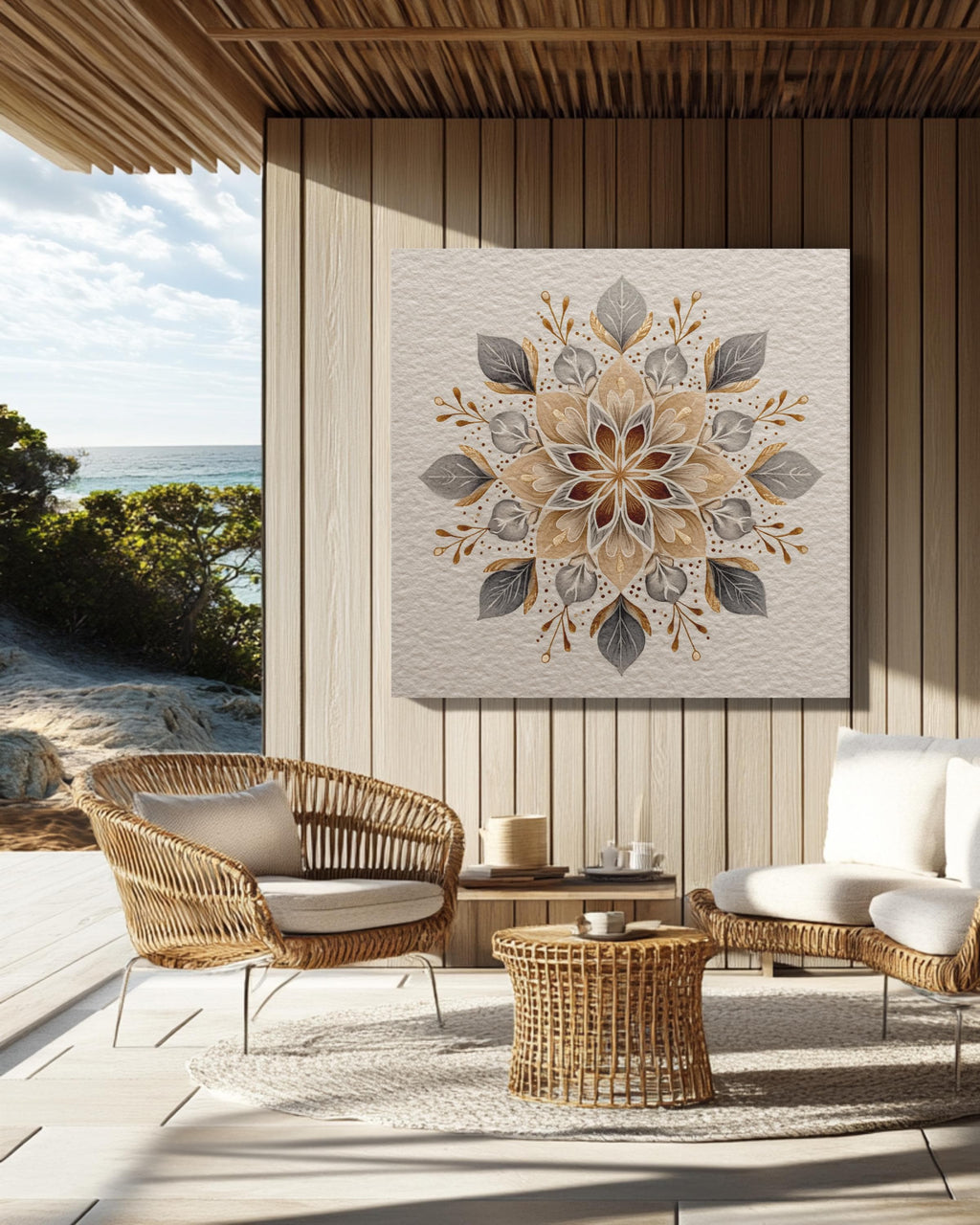 Elegant Snowflake Watercolor Art Print with Floral Patterns, Soft Beige Minimalist Winter Poster