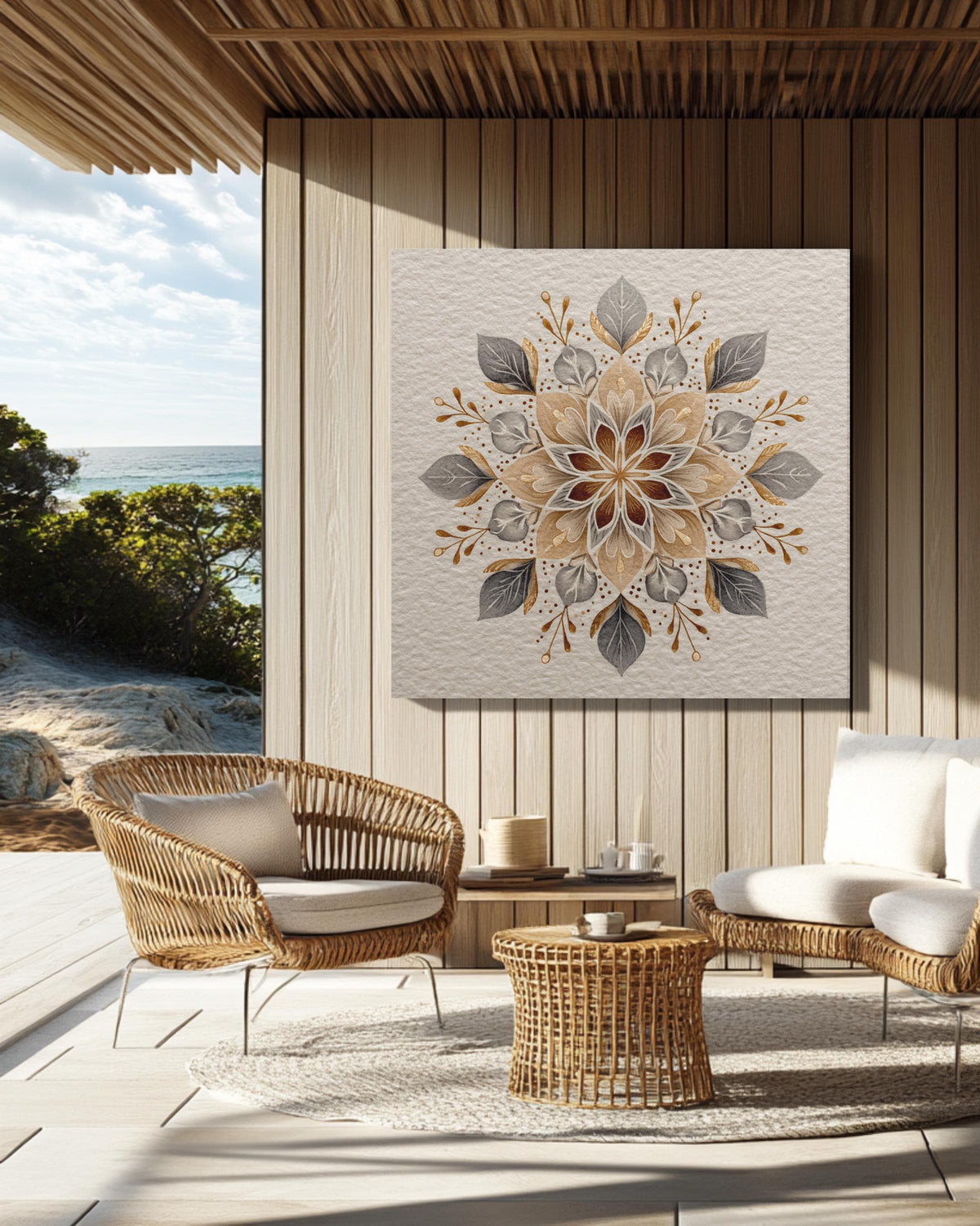 Elegant Snowflake Watercolor Art Print with Floral Patterns, Soft Beige Minimalist Winter Poster