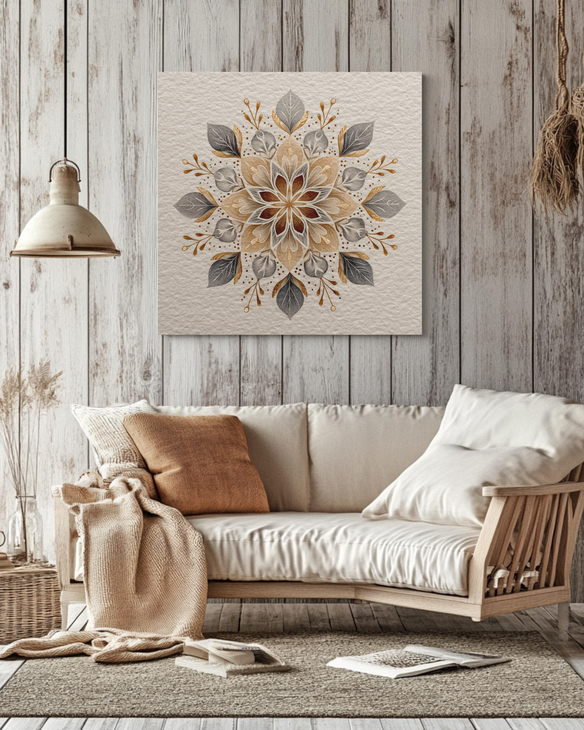 Elegant Snowflake Watercolor Art Print with Floral Patterns, Soft Beige Minimalist Winter Poster