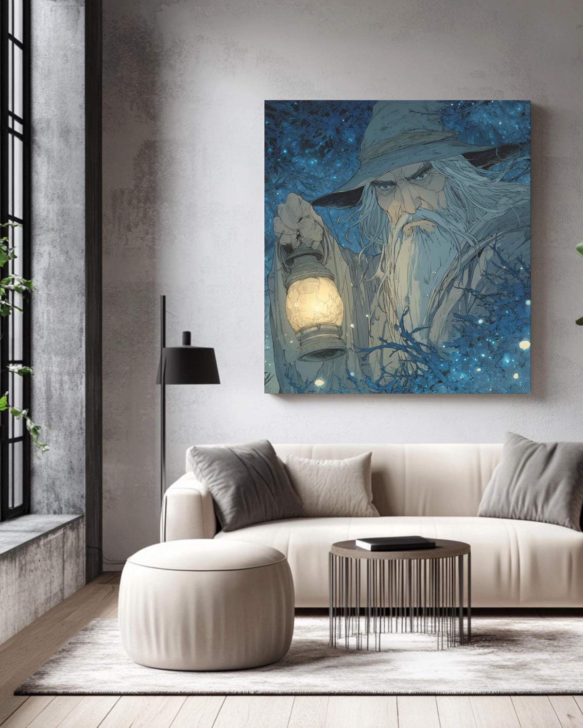 Old Wizard with Lantern in Enchanted Forest Art Print, Paul Kidby Inspired Fantasy Poster, Firefly Lit Night Scene Canvas