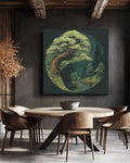 Yin Yang Tree and Forest Painting, Spiritual Nature Balance Wall Art, Light Green Leaves on Dark Background Poster, Zen Harmony Canvas