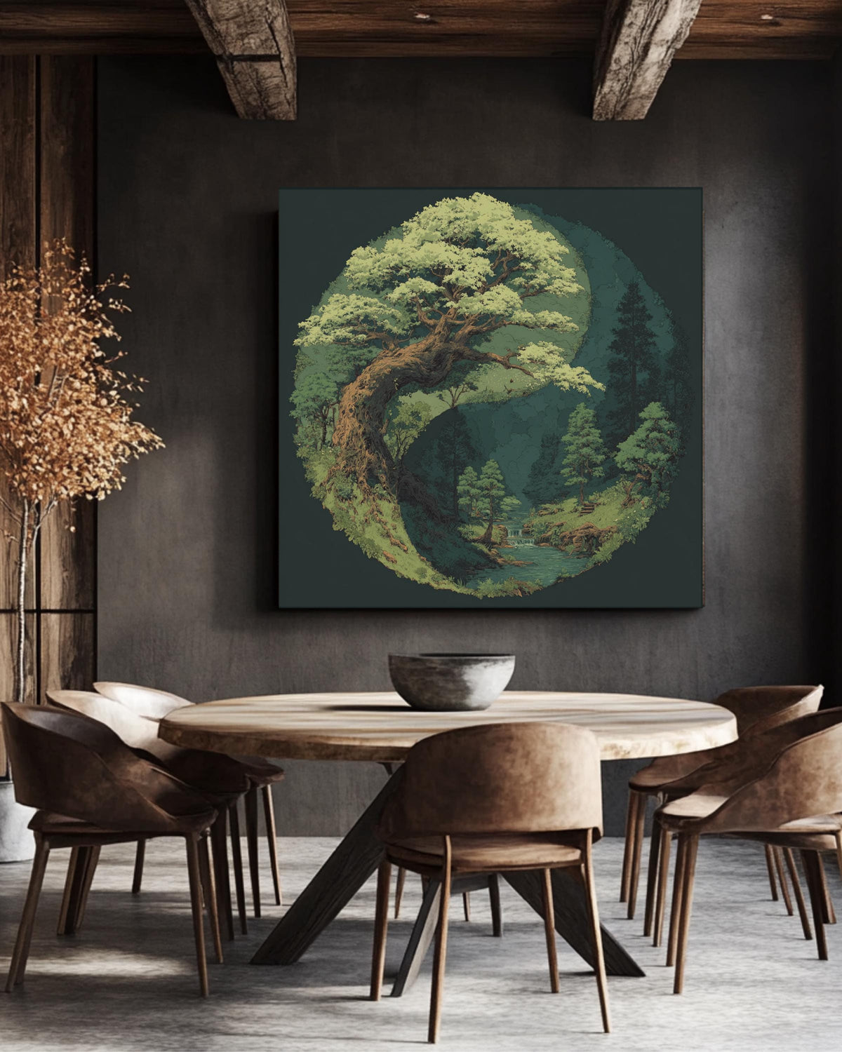 Yin Yang Tree and Forest Painting, Spiritual Nature Balance Wall Art, Light Green Leaves on Dark Background Poster, Zen Harmony Canvas