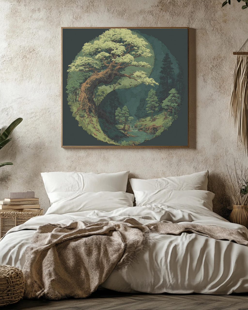 Yin Yang Tree and Forest Painting, Spiritual Nature Balance Wall Art, Light Green Leaves on Dark Background Poster, Zen Harmony Canvas
