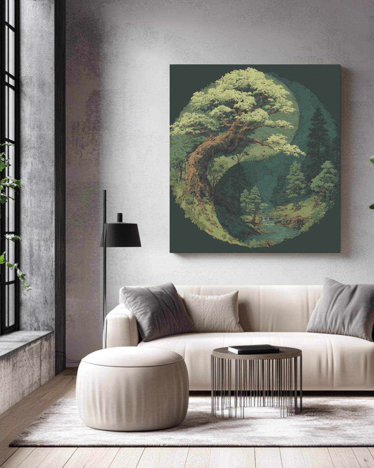Yin Yang Tree and Forest Painting, Spiritual Nature Balance Wall Art, Light Green Leaves on Dark Background Poster, Zen Harmony Canvas