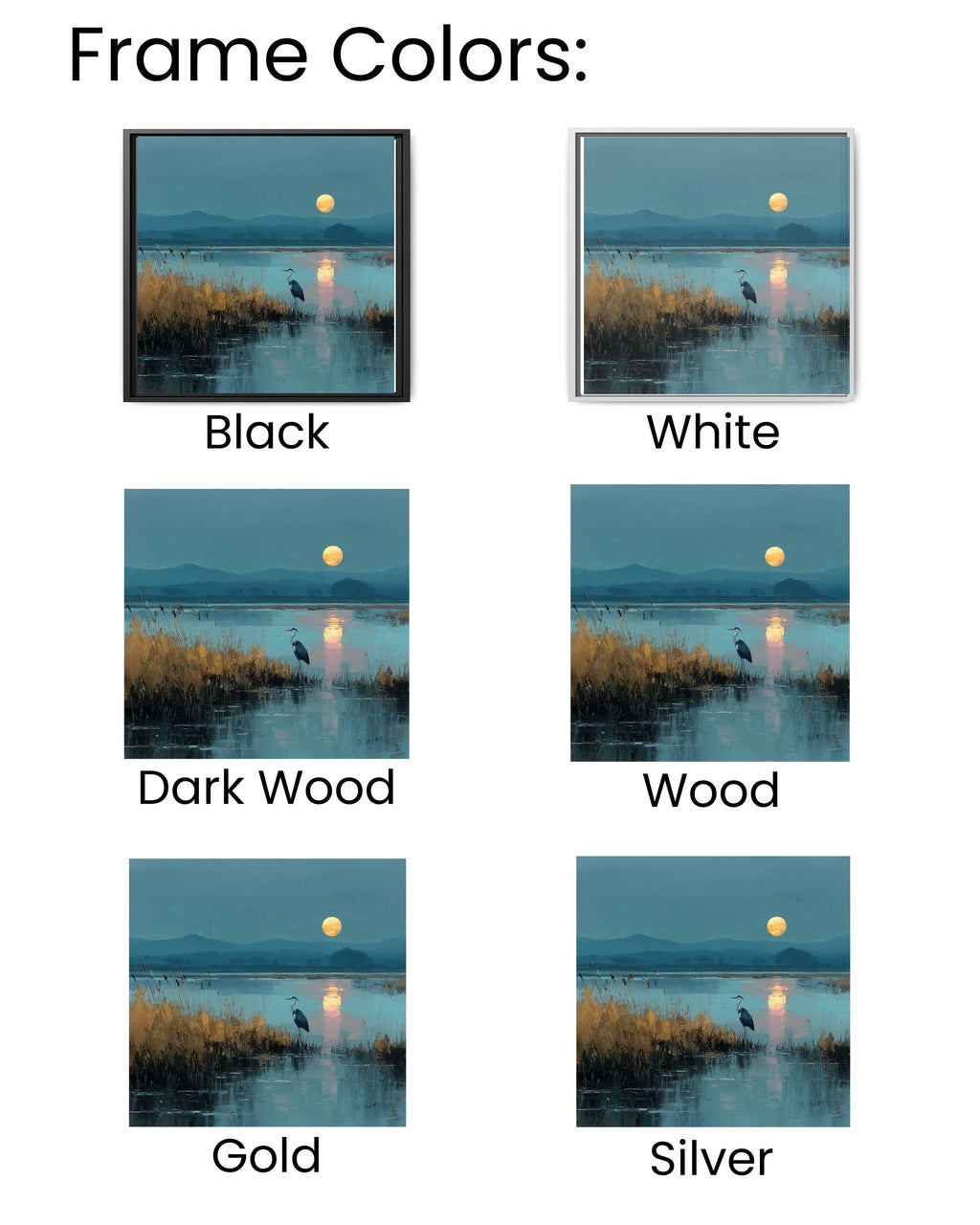 Heron in Marshland Oil Painting, Tranquil Nature Landscape with Reeds and Reflected Sunlight, Elegant Coastal Poster Canvas Decor