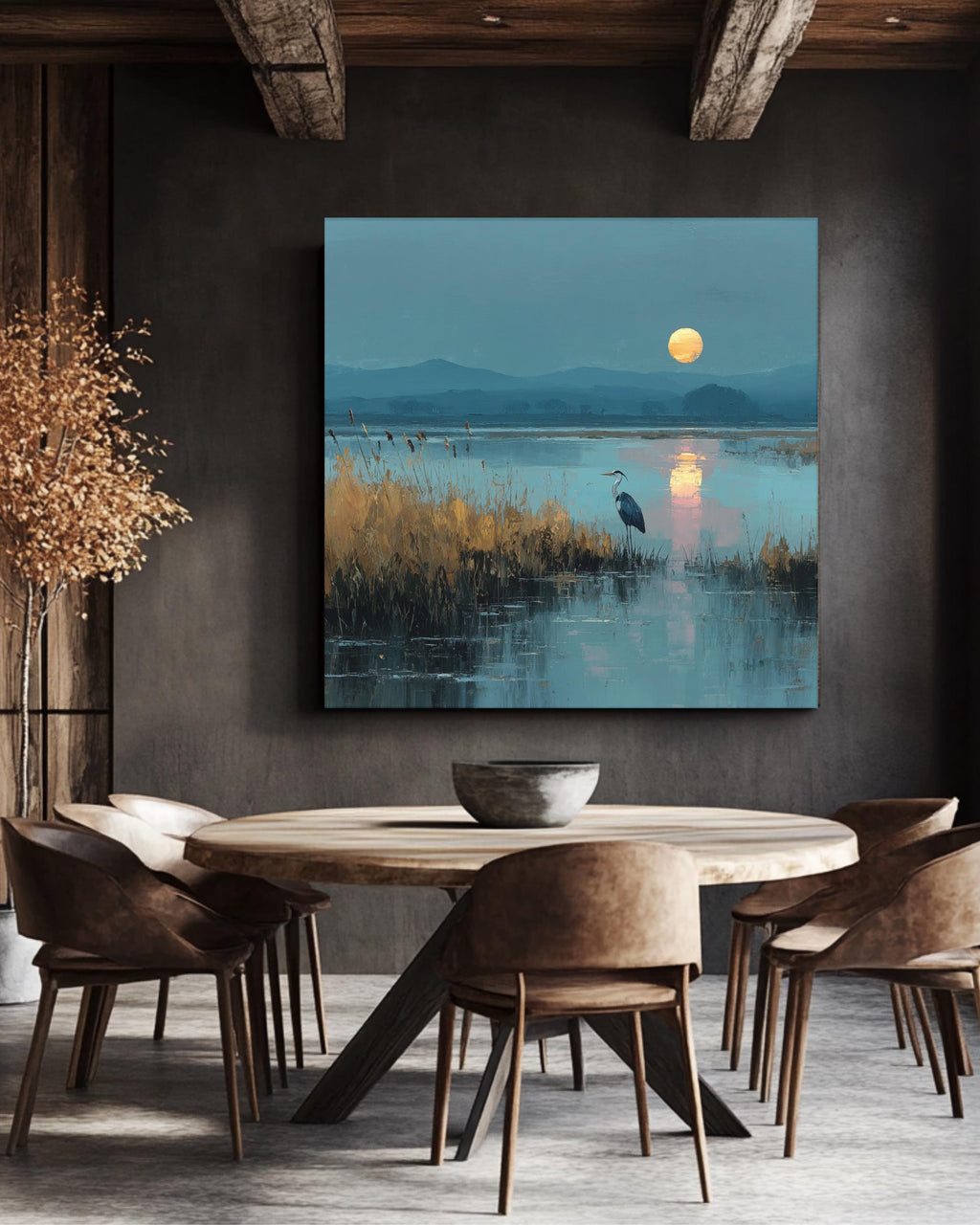 Heron in Marshland Oil Painting, Tranquil Nature Landscape with Reeds and Reflected Sunlight, Elegant Coastal Poster Canvas Decor