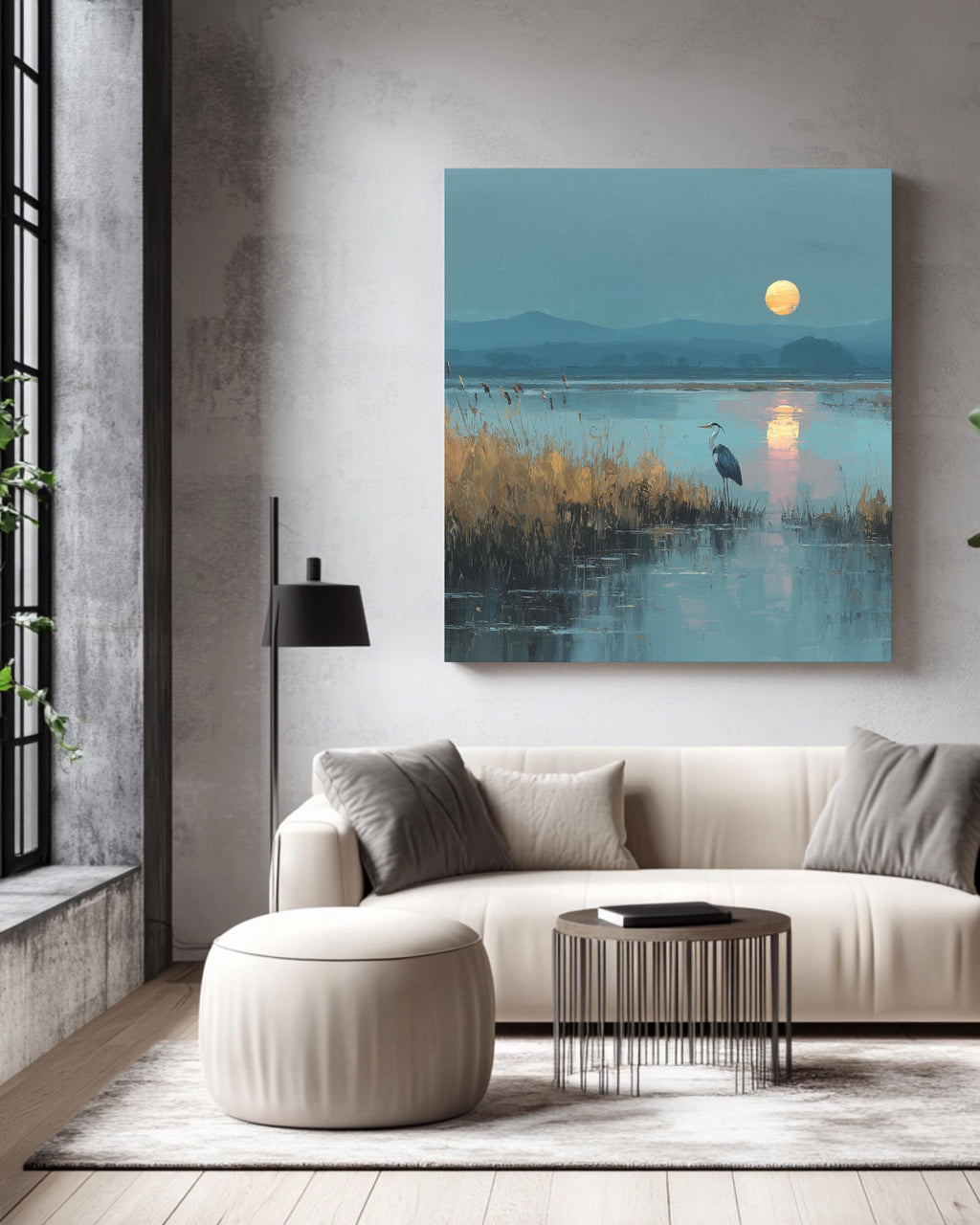 Heron in Marshland Oil Painting, Tranquil Nature Landscape with Reeds and Reflected Sunlight, Elegant Coastal Poster Canvas Decor