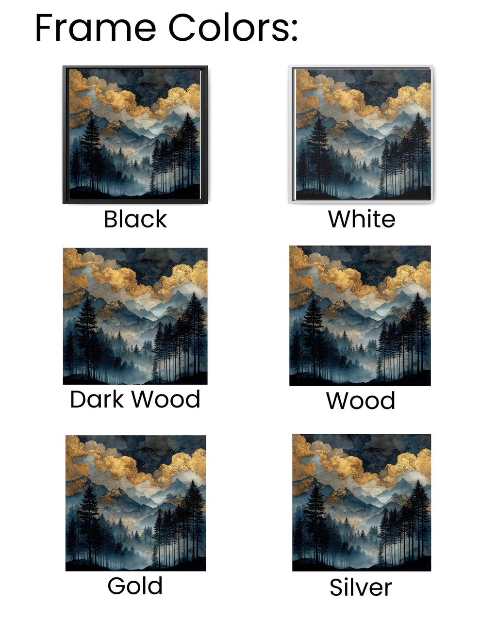 Dark Forest Watercolor Painting with Gold Glitter Clouds, Moody Mountain Landscape Art Print, Black Sky Dark Academia Poster