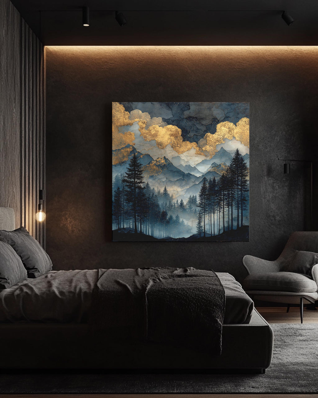 Dark Forest Watercolor Painting with Gold Glitter Clouds, Moody Mountain Landscape Art Print, Black Sky Dark Academia Poster