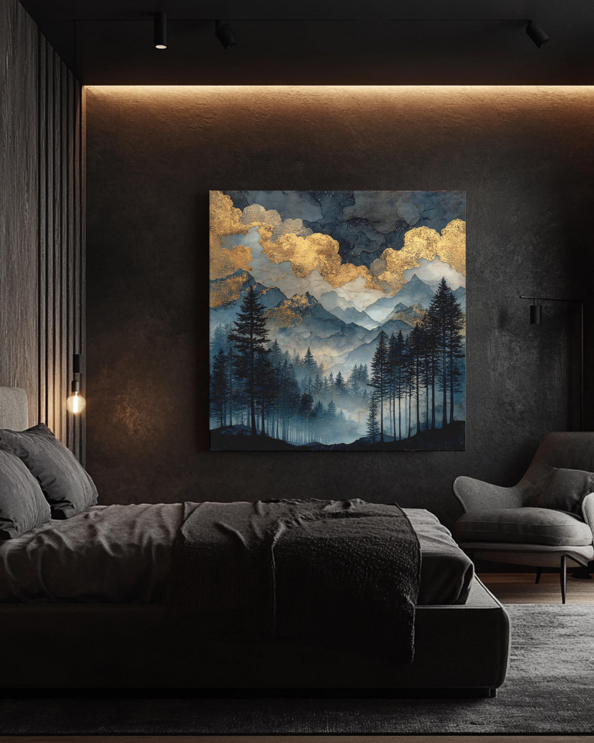 Dark Forest Watercolor Painting with Gold Glitter Clouds, Moody Mountain Landscape Art Print, Black Sky Dark Academia Poster