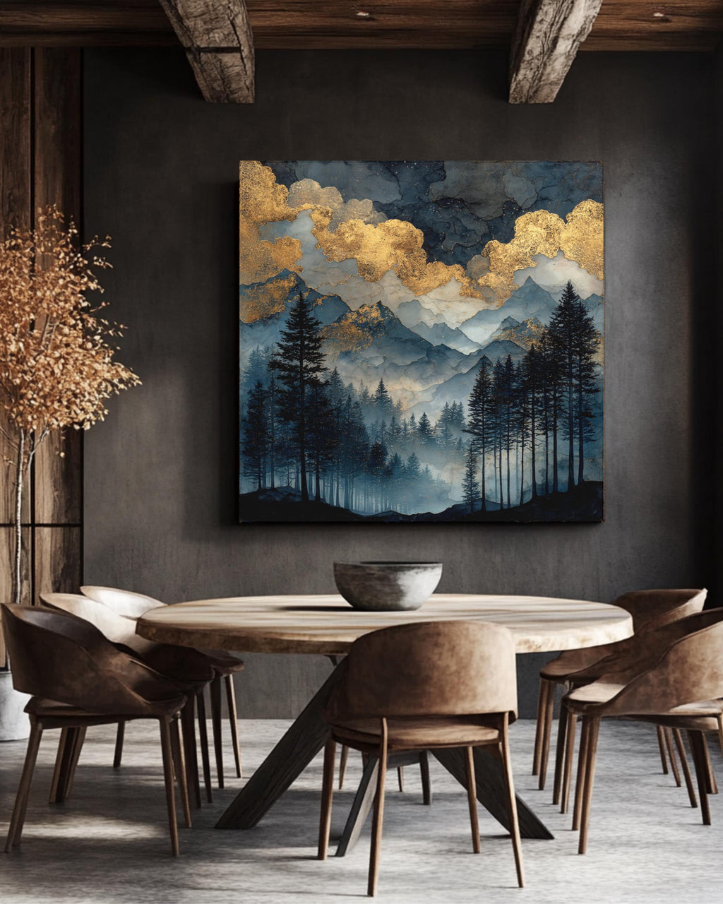 Dark Forest Watercolor Painting with Gold Glitter Clouds, Moody Mountain Landscape Art Print, Black Sky Dark Academia Poster