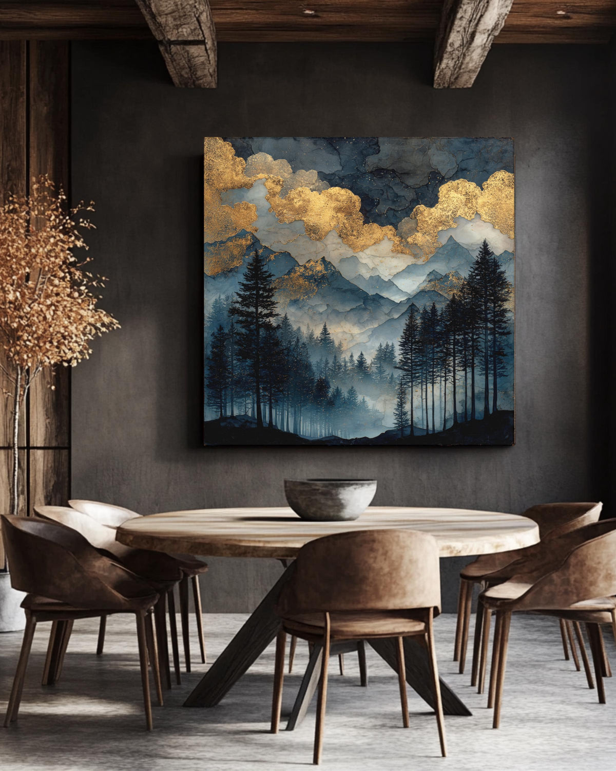 Dark Forest Watercolor Painting with Gold Glitter Clouds, Moody Mountain Landscape Art Print, Black Sky Dark Academia Poster