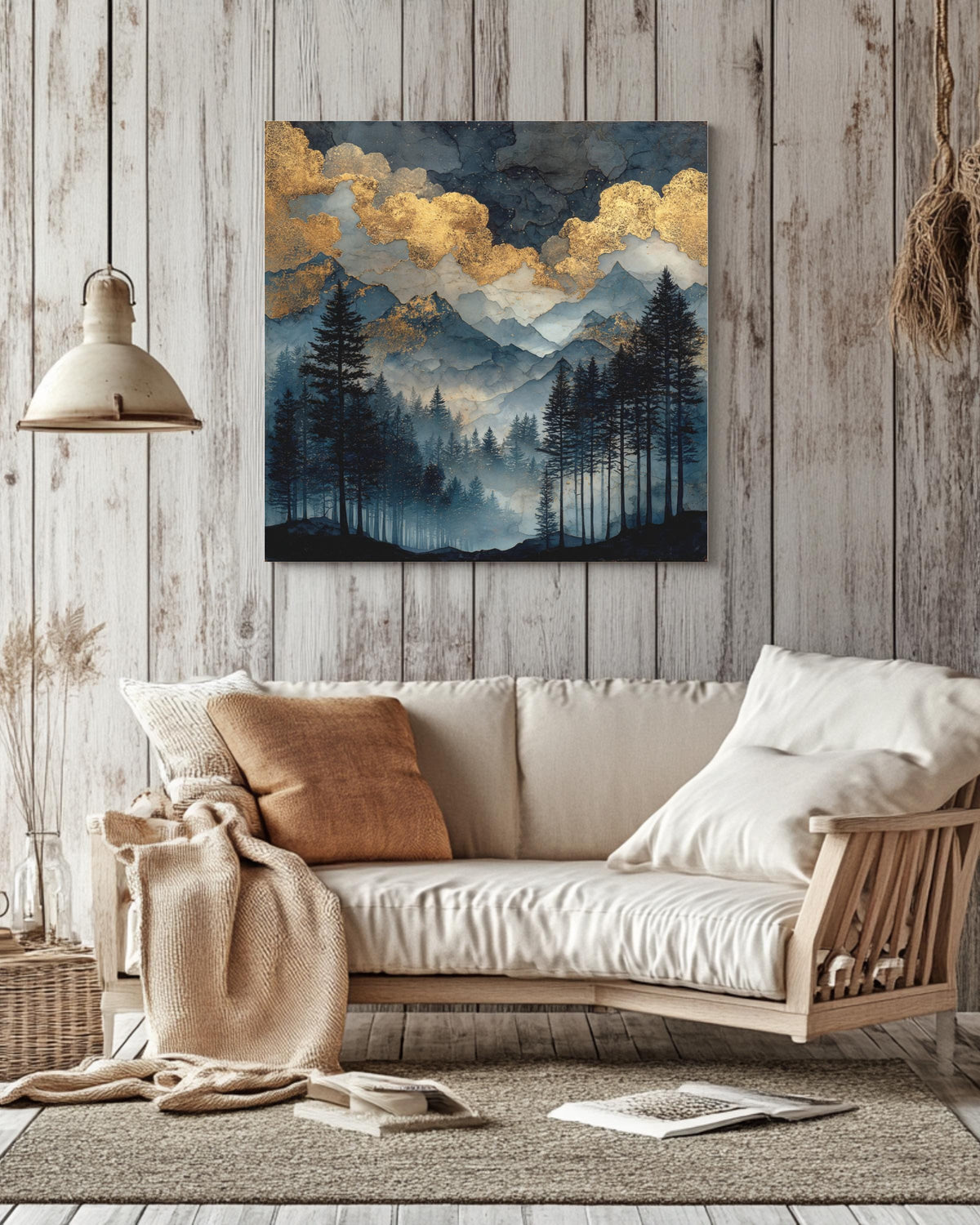 Dark Forest Watercolor Painting with Gold Glitter Clouds, Moody Mountain Landscape Art Print, Black Sky Dark Academia Poster