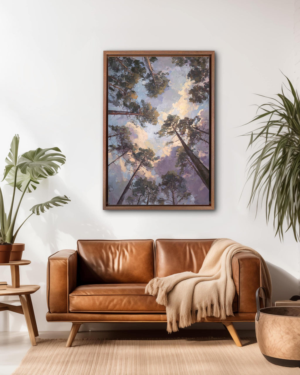 Looking Up Forest Canopy Art Print | Serene Pine Tree Sky View, Nature Landscape Wall Art with Sunset Clouds, Tranquil Woodland Canvas
