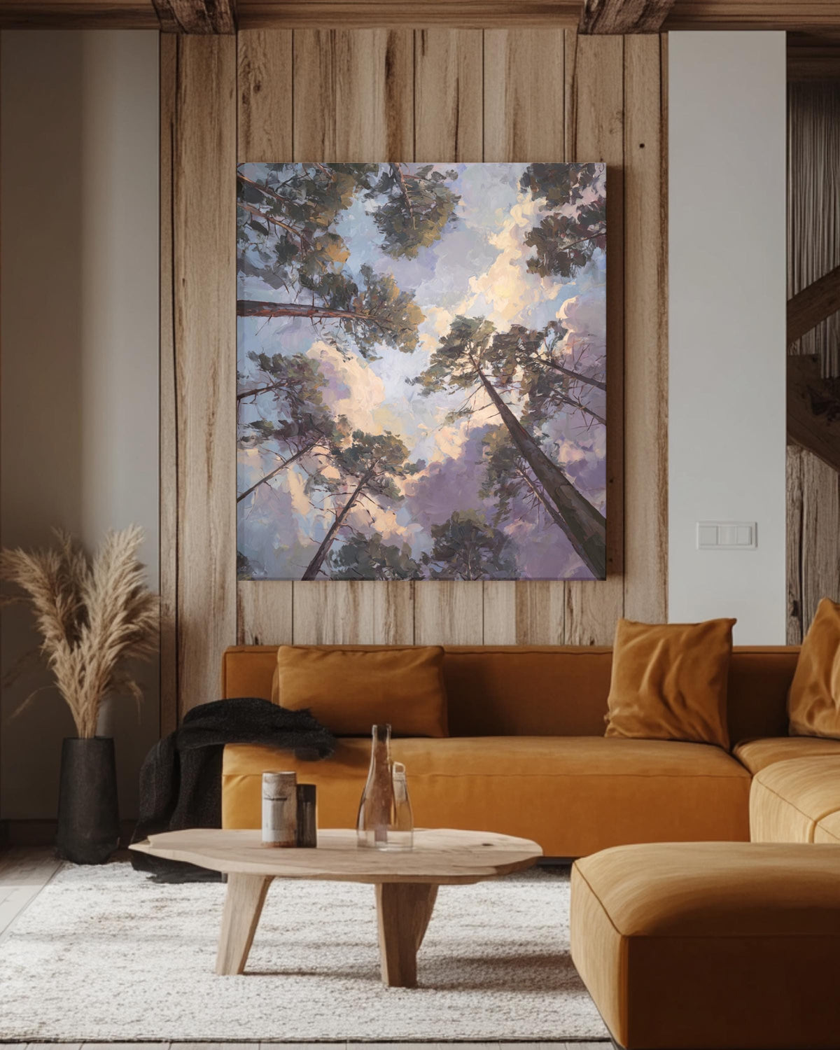 Looking Up Forest Canopy Art Print | Serene Pine Tree Sky View, Nature Landscape Wall Art with Sunset Clouds, Tranquil Woodland Canvas