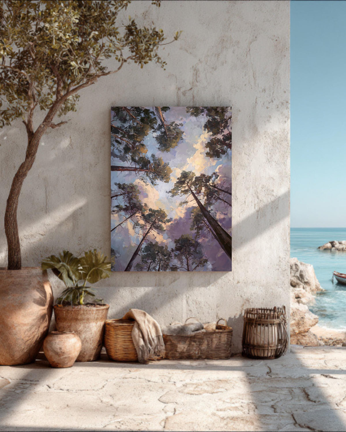 Looking Up Forest Canopy Art Print | Serene Pine Tree Sky View, Nature Landscape Wall Art with Sunset Clouds, Tranquil Woodland Canvas