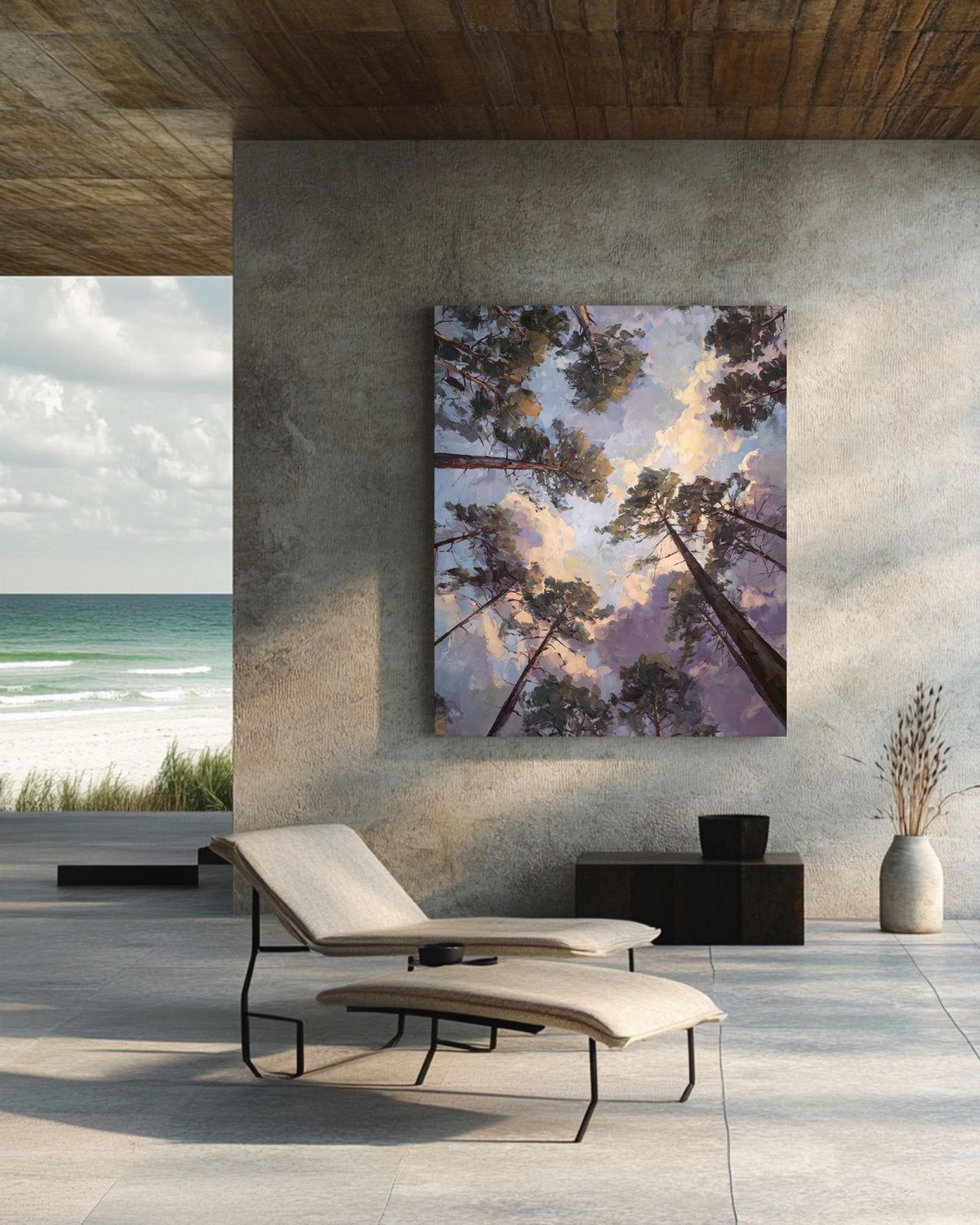 Looking Up Forest Canopy Art Print | Serene Pine Tree Sky View, Nature Landscape Wall Art with Sunset Clouds, Tranquil Woodland Canvas