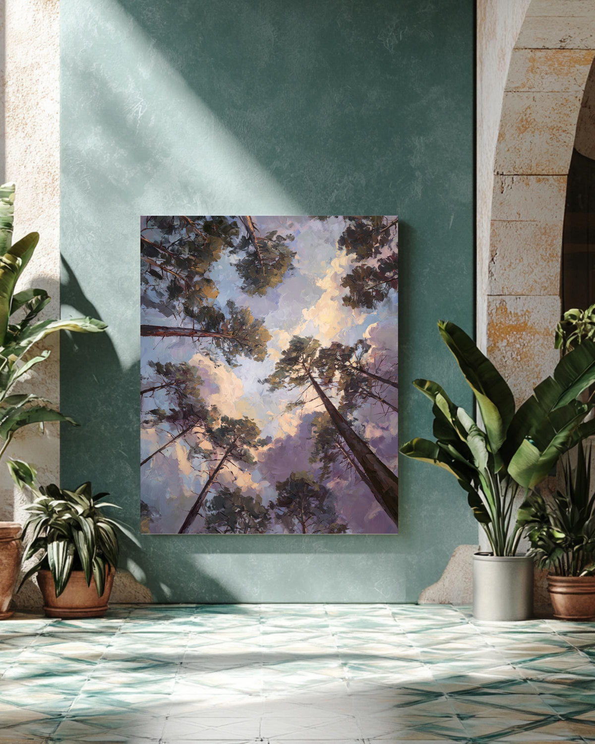 Looking Up Forest Canopy Art Print | Serene Pine Tree Sky View, Nature Landscape Wall Art with Sunset Clouds, Tranquil Woodland Canvas