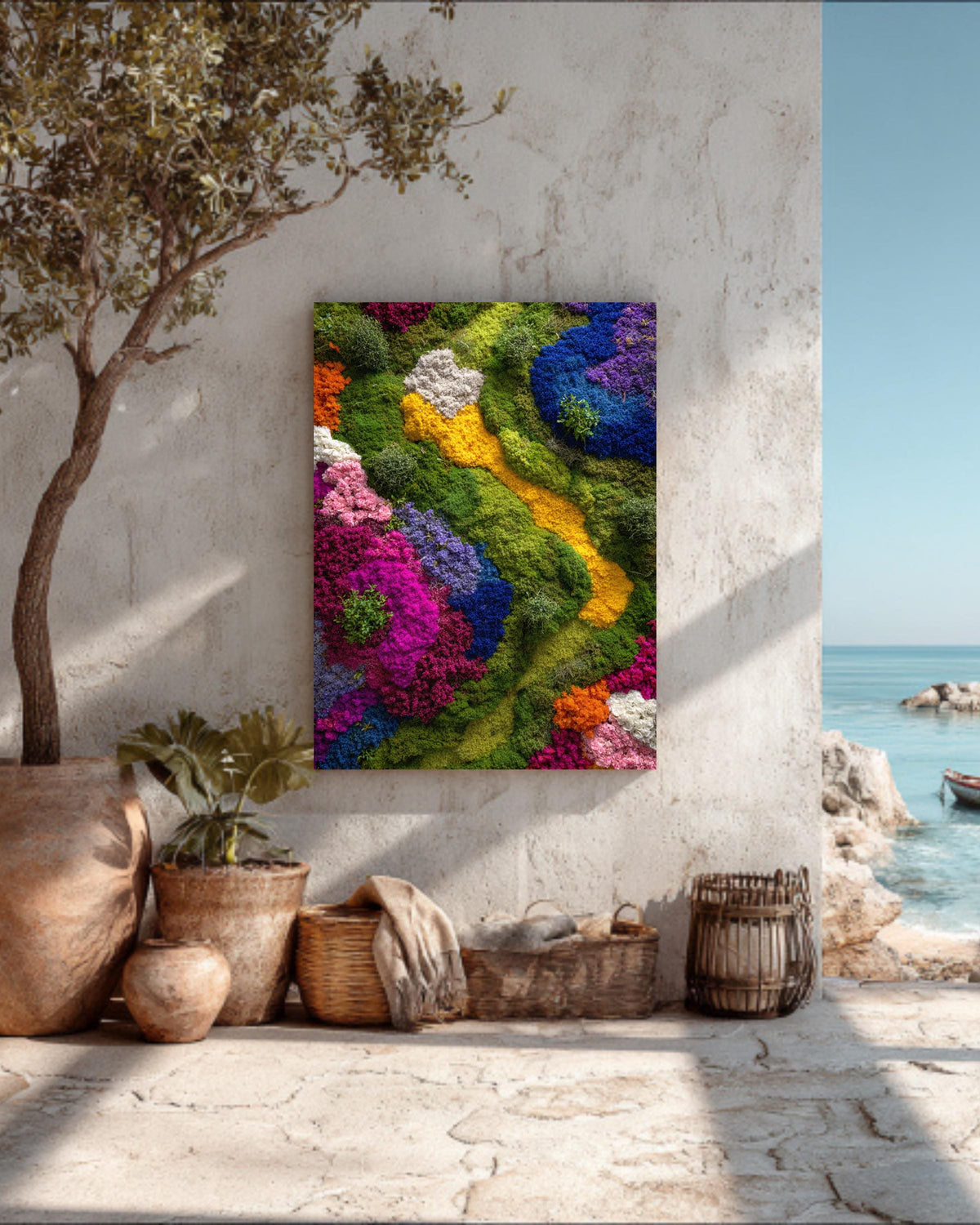 Colorful Floral Moss Wall Art, Vibrant Botanical Abstract Landscape, Green Nature Texture Painting, Modern Garden Inspired Art Print