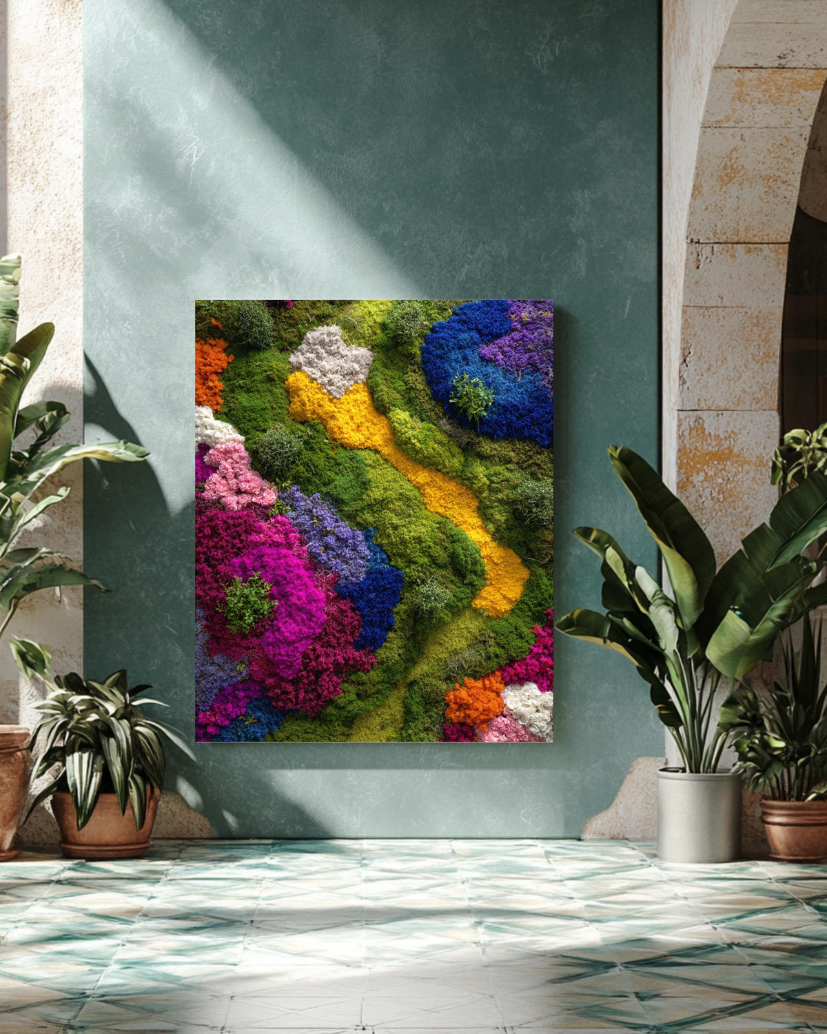 Colorful Floral Moss Wall Art, Vibrant Botanical Abstract Landscape, Green Nature Texture Painting, Modern Garden Inspired Art Print