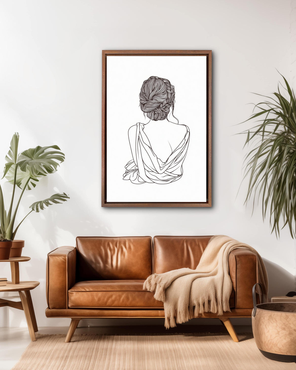 Elegant Minimalist Woman Line Art | Black and White Vector Wall Art, Braided Hair Silhouette, Simple Modern Female Figure