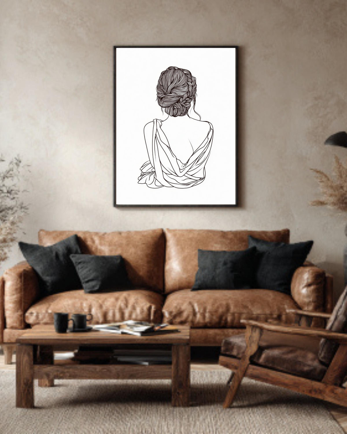 Elegant Minimalist Woman Line Art | Black and White Vector Wall Art, Braided Hair Silhouette, Simple Modern Female Figure