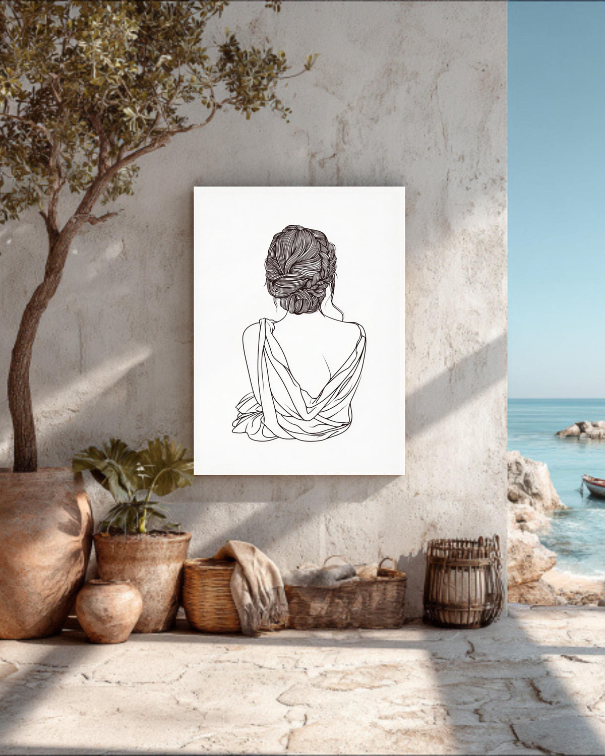 Elegant Minimalist Woman Line Art | Black and White Vector Wall Art, Braided Hair Silhouette, Simple Modern Female Figure
