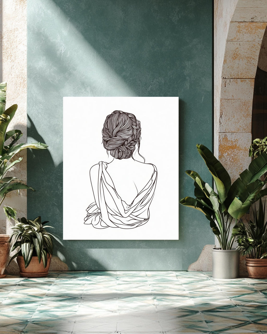 Elegant Minimalist Woman Line Art | Black and White Vector Wall Art, Braided Hair Silhouette, Simple Modern Female Figure