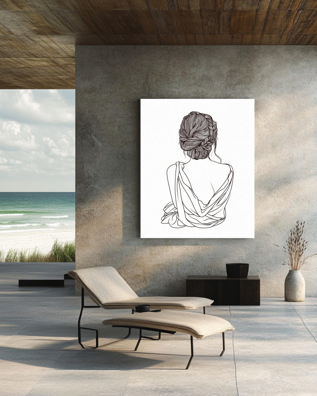 Elegant Minimalist Woman Line Art | Black and White Vector Wall Art, Braided Hair Silhouette, Simple Modern Female Figure