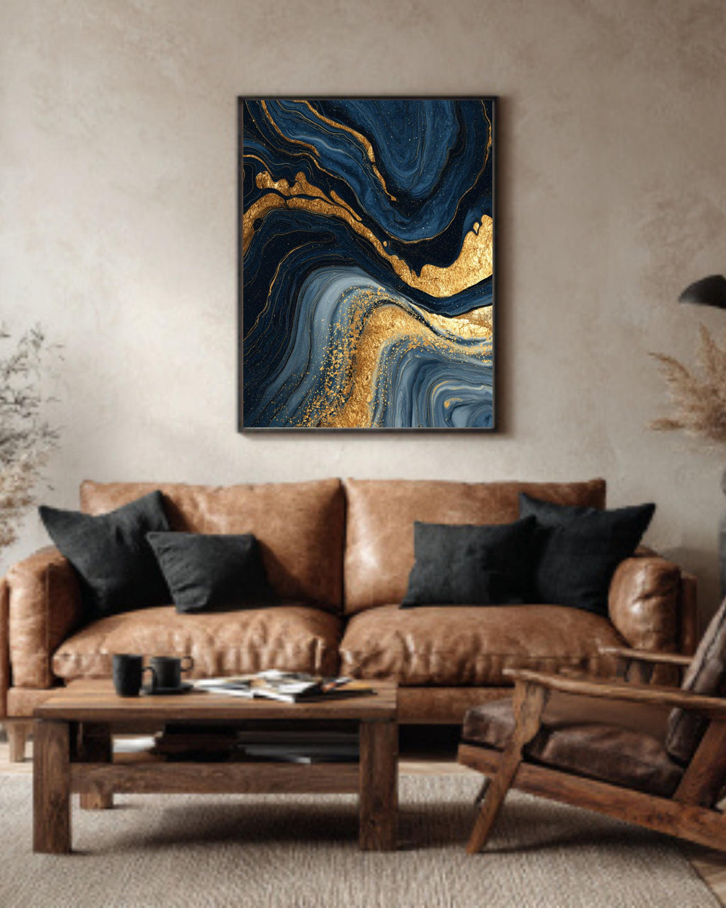 Dark Blue and Gold Marble Wall Art | Luxury Abstract Flowing Line Pattern, Elegant Fluid Texture Modern Home Decor